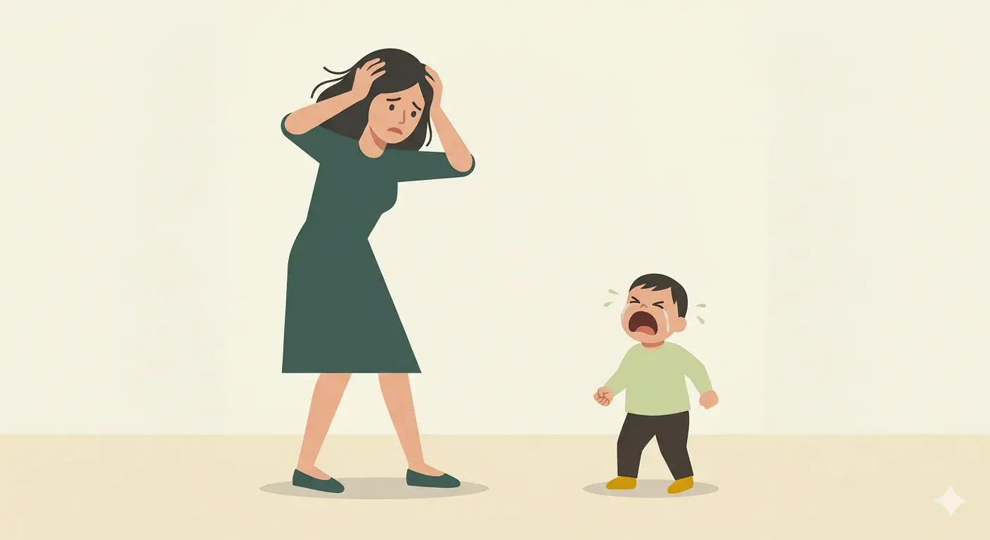 Ilustração de uma mãe aflita diante de uma criança chorando em meio a uma birra.