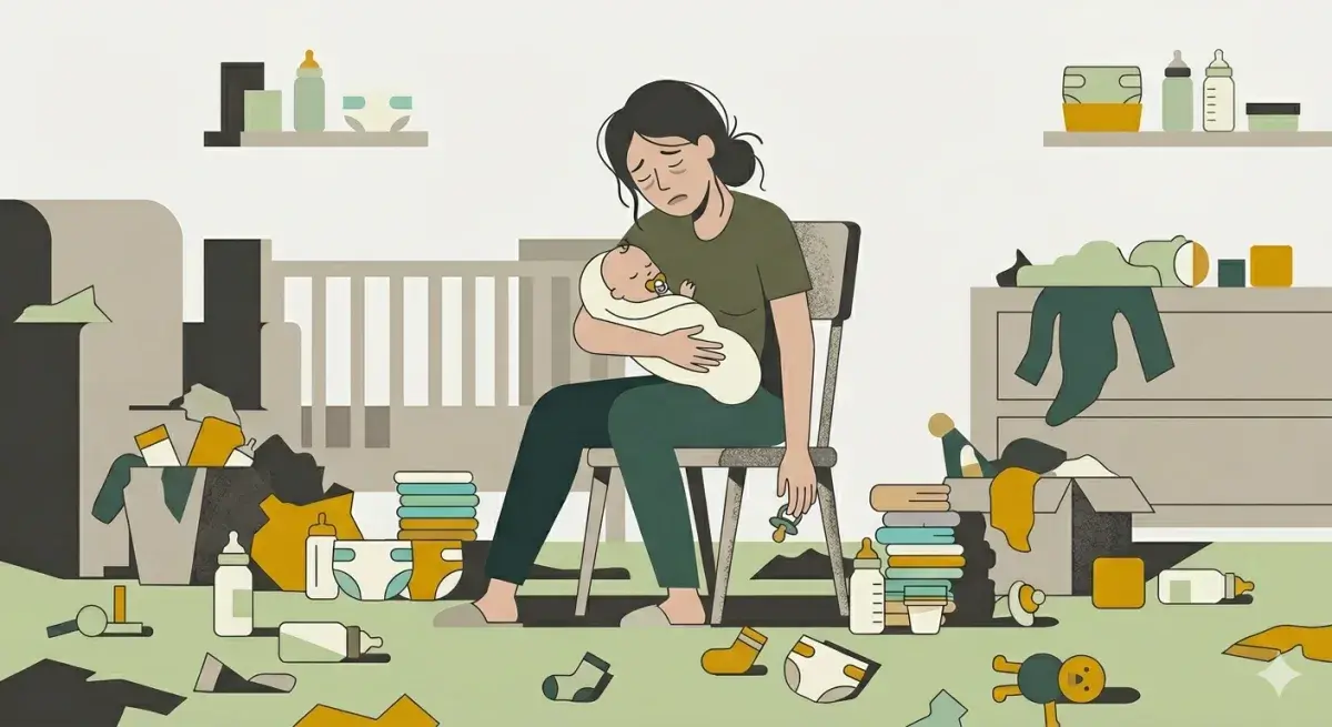 Ilustração de uma mãe exausta segurando um bebê em um quarto bagunçado.